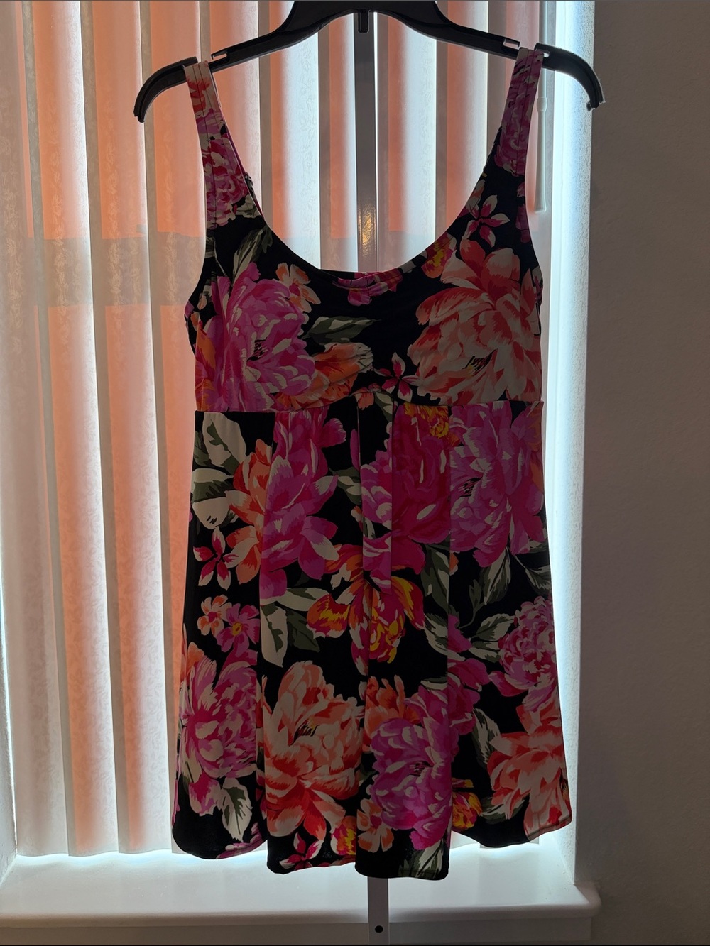 Black One-Piece Swimdress with Pink Floral Print